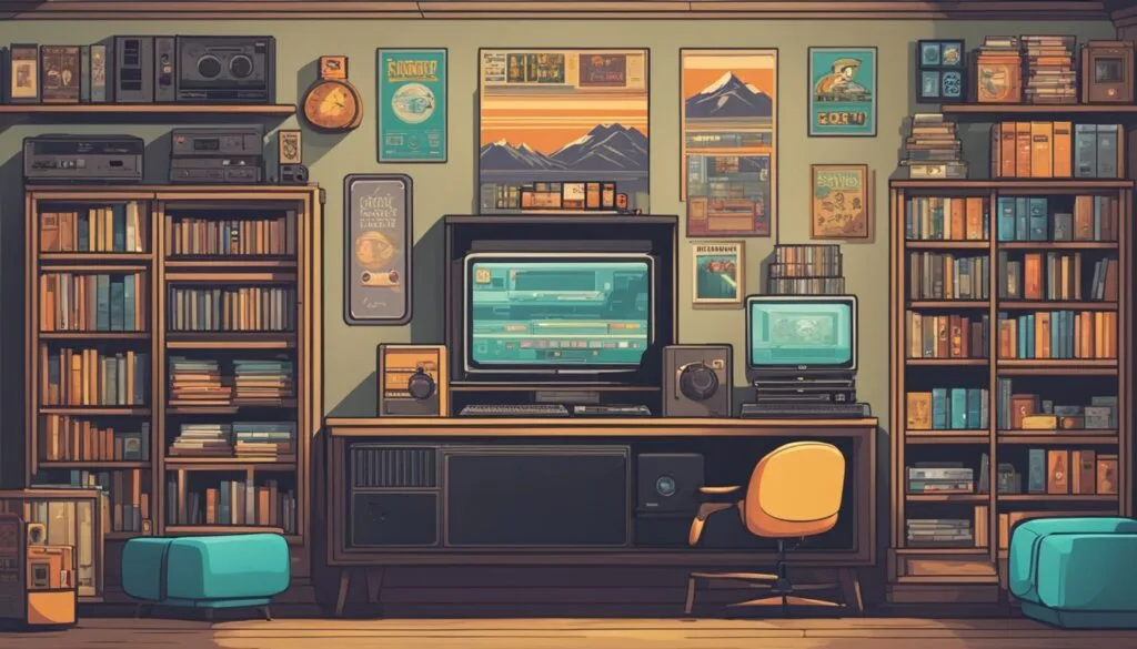 Une bibliothèque de jeux rétro avec des étagères de vieux logiciels et de consoles de jeux, entourée d'affiches vintage et de souvenirs.